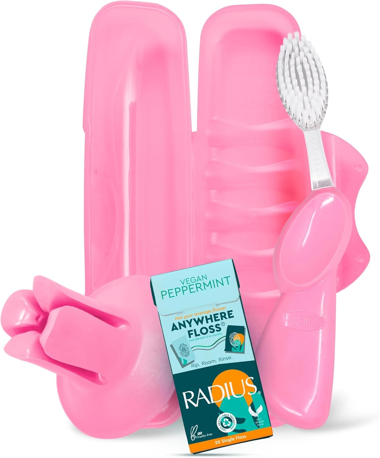 RADIUS Vacation Pastel Bundle, Includes Left Handed Big Brush with Replaceable Head, Toothbrush Travel Case, DOC Toothbrush Holder, Anywhere Travel Floss Packette, Pink, 4 Piece Bundle
