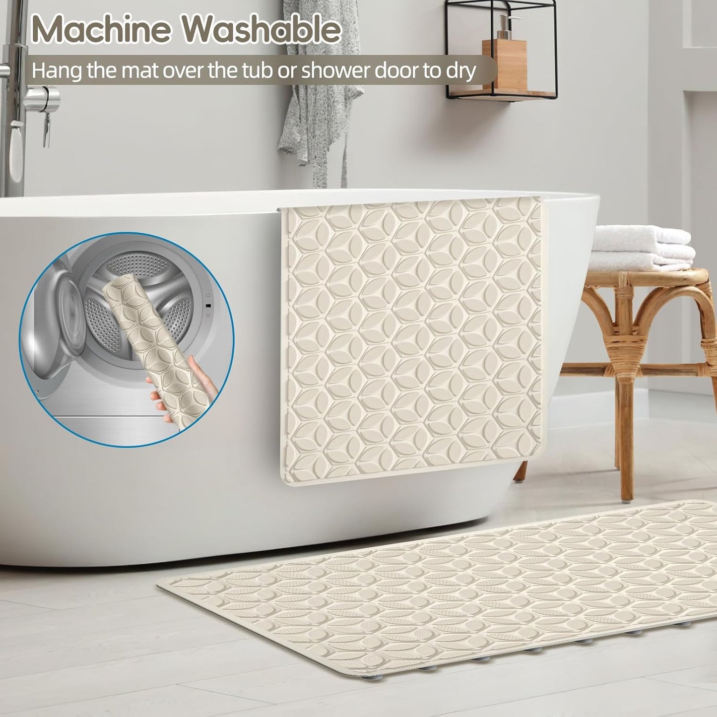 WRISIN Bathtub Mat Non Slip with Suction Cups - 100% Rubber Bathroom Mat Textured for Bath Tub Shower Safety - Soft on Touch - BPA/PVC Free - Pet Dog Bath Mat - Machine Washable - 16 × 28 Inch(Beige)