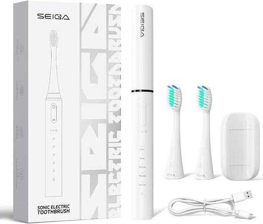 SEIGA Sonic Electric Toothbrush for Adults,5 Cleaning Modes & 3 Intensities,Rechargeable Travel Toothbrush with 2 Brush Heads,Built-in 2 Min Smart Timer,IPX7 Waterproof,One Charge for 60 Days