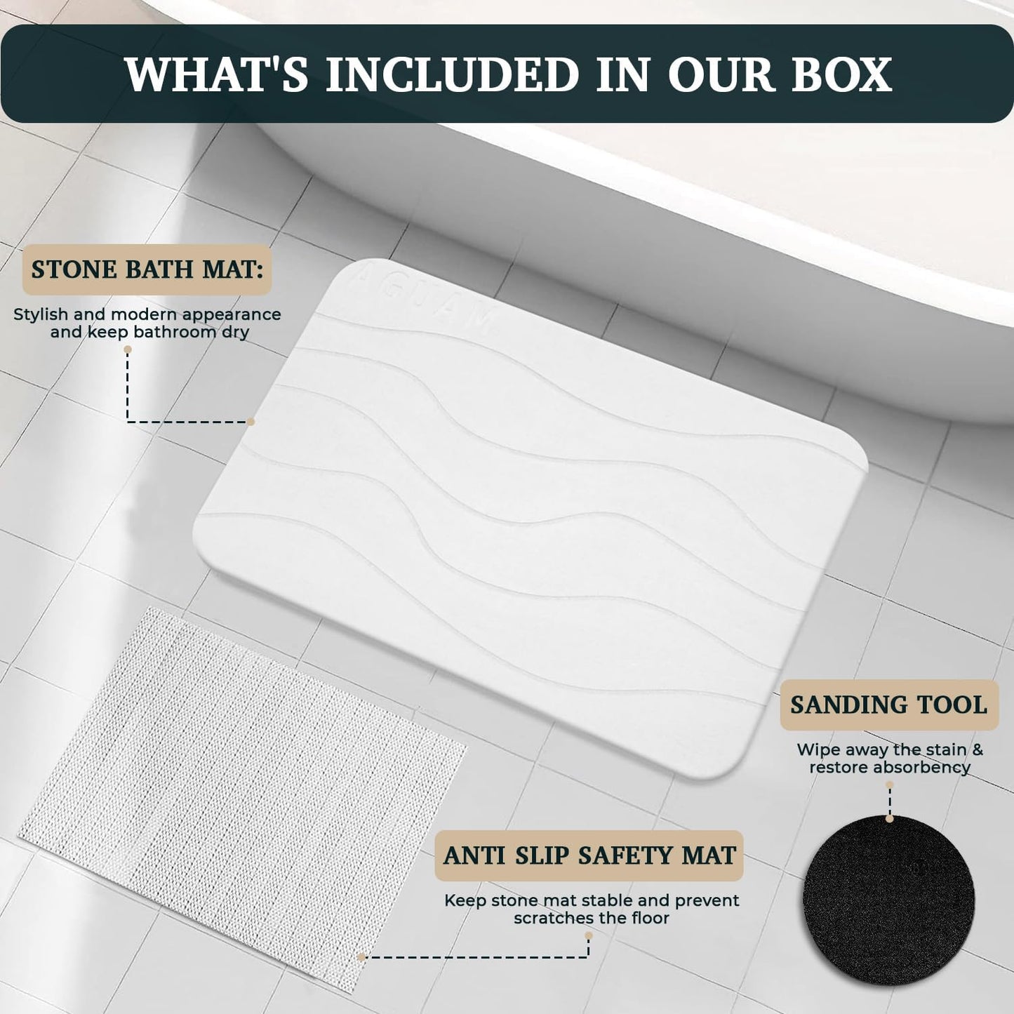 23" x 15" Diatomaceous Earth Shower Non Slip Stone Bath Mat | Quick Dry Super Absorbent Large Mats for Kitchen | Anti-Slip Fast Drying Water Absorbing Stone Bath Mats for Bathroom | Engr-Offwhite