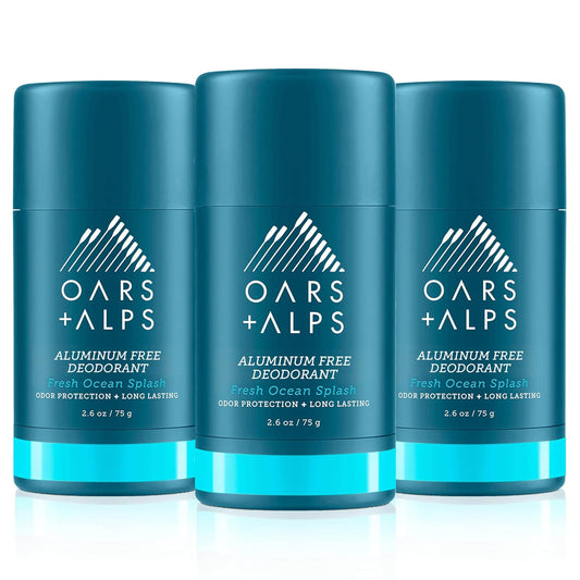 Oars + Alps Deodorant for Men & Women, Aluminum Free Deodorant for Men, Dermatologist Tested, Clean Ingredients, Non Toxic, Vegan, Long Lasting, Odor Protection, Fresh Ocean Splash, 3pk, 2.6oz