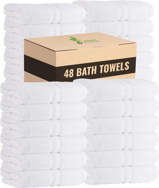 GREEN LIFESTYLE Luxury Bath Towel - White Large Bath Towels Pack for Spa, Gym, Bathroom, Hotel - 86% Cotton 14% Polyester -Super Soft, Thick and Absorbent 24 x 50 Bulk Bath Towel - (48-Pack)